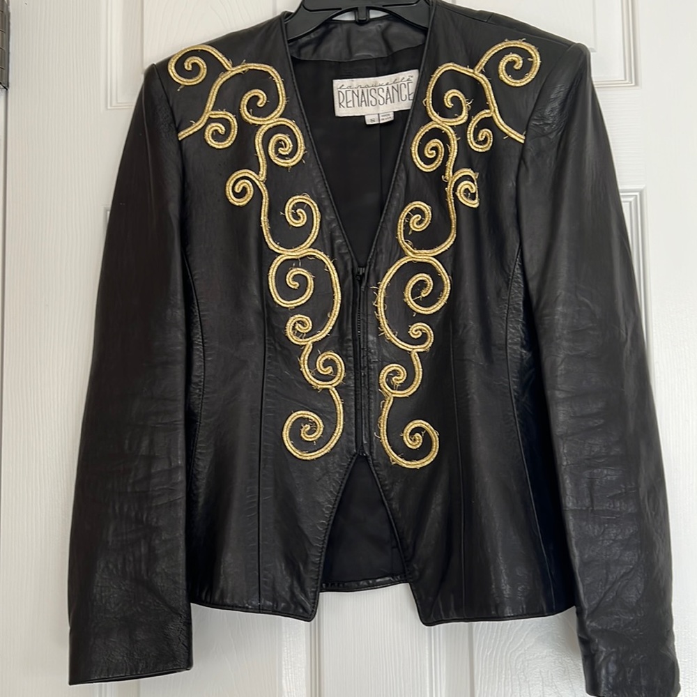 Vintage Black Lamb skin Genuine Leather  Iconic Blazer Gold Accent design Small